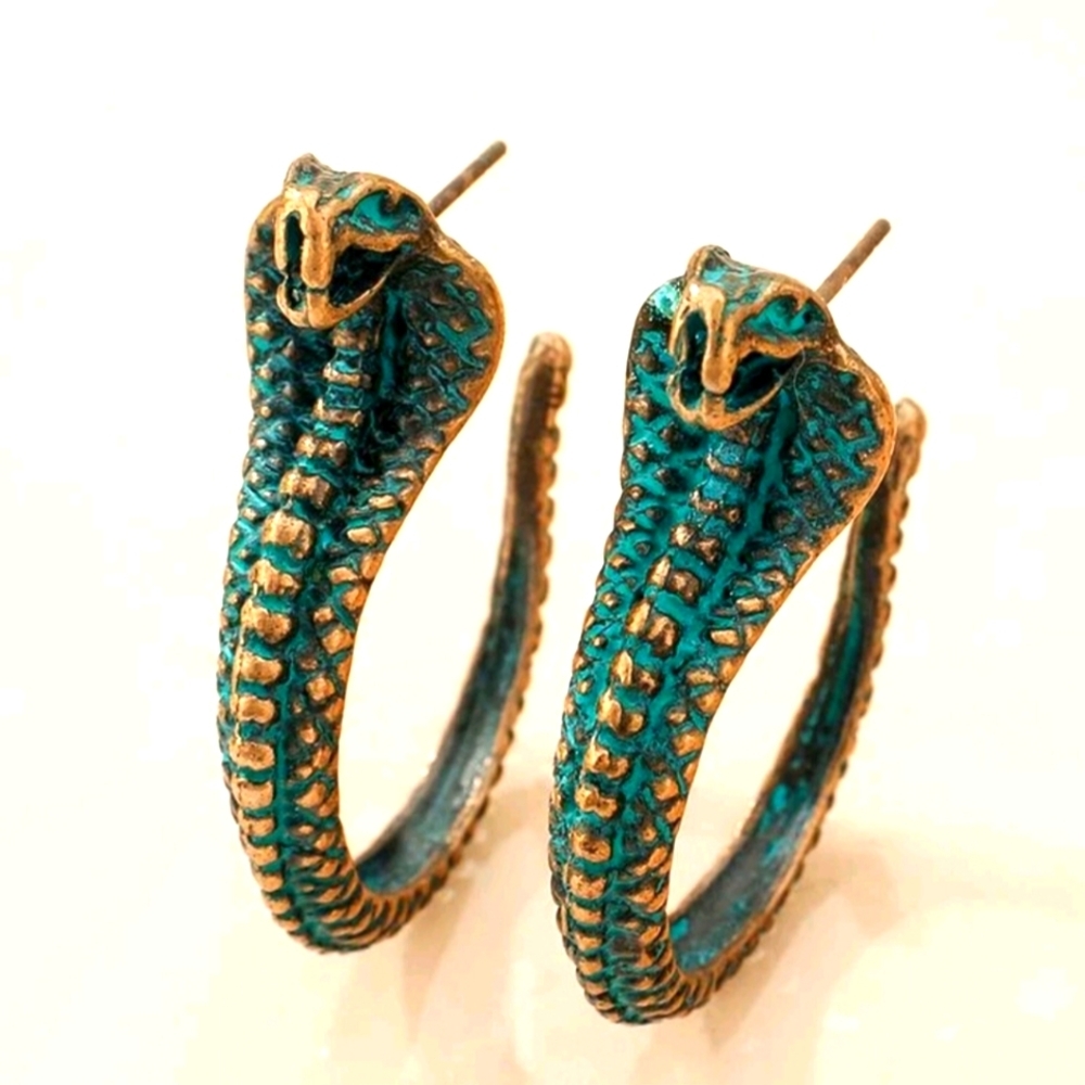 Tarnished Cobra Snake Hoop Earrings - Green Gold - Women's Jewelry Punk Grunge